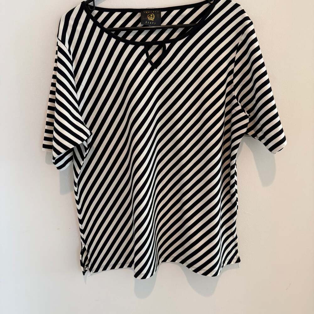 Veccelli  Black & White Striped V-Neck Short Sleeve Top